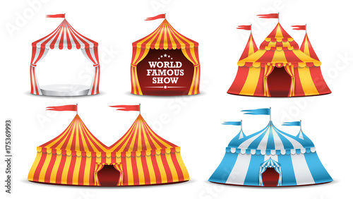 Circus Tent Set Vector. Multicolored Funfair, Carnival Holidays Concept. Illustration