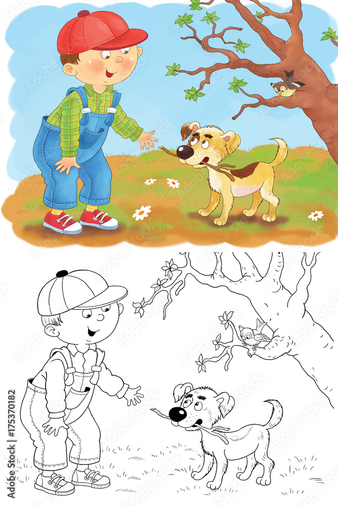 Four seasons. Coloring page. A cute boy and his puppy. Illustration for children. Funny cartoon characters