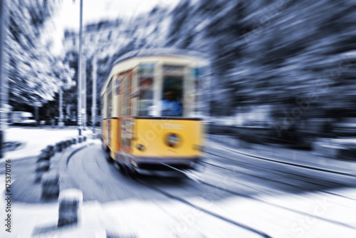 Blurred movement of a Old vintage orange tram