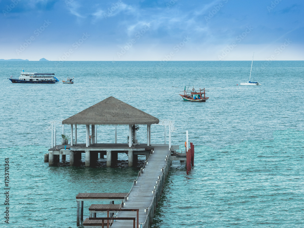Tropical pier and wooden bridge at local resort, Summer travel in Pattaya,Thailand.