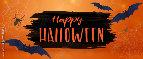 Happy Halloween and bats, horizontal banner. Colorful scary Halloween illustration. Vector