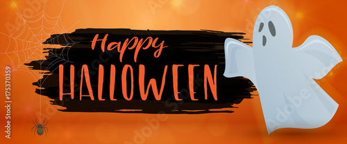 Happy Halloween and ghost, horizontal banner. Colorful scary Halloween illustration. Vector