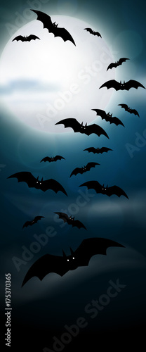 Night, full moon and bats, vertical banner. Colorful scary Halloween illustration. Vector