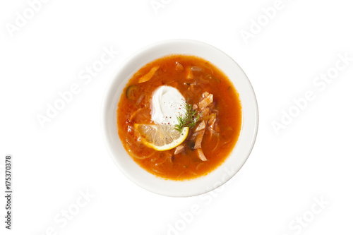 Russian soup rassolnik on a white background