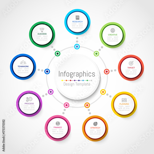 Infographic design elements for your business data with 9 options, parts, steps, timelines or processes, Circle round concept. Vector Illustration.
