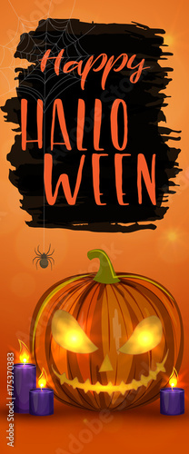 Carved Halloween pumpkins, vertical banner. Colorful scary Halloween illustration. Vector