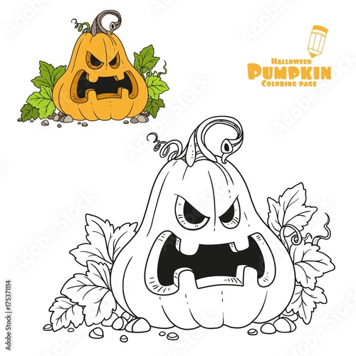 Lantern from pumpkin with the cut out of a grin color and outlined for coloring page