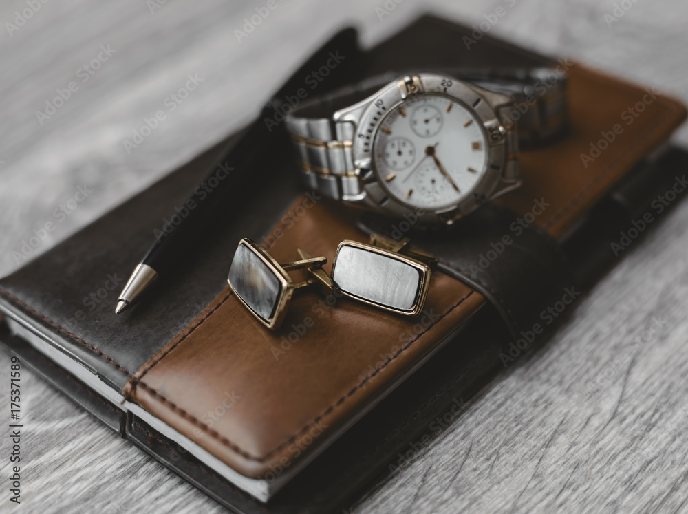 Business accessories. Notepad with watch and cuff Business accessories. Notepad with watch and cuff