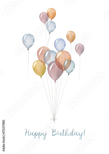 A hand made Happy Birthday card with illustration of watercolor balloons.