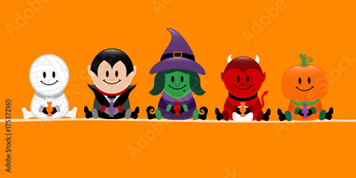Banner Halloween Mummy, Vampire, Witch, Devil & Pumpkin