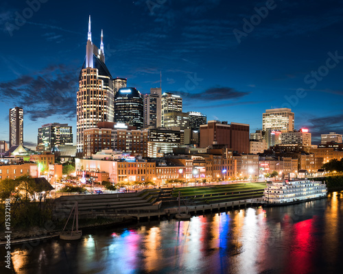 Blue Nashville Skyline at Dusk with Riverboat