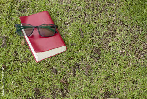 glasses with red book on the grass in the park