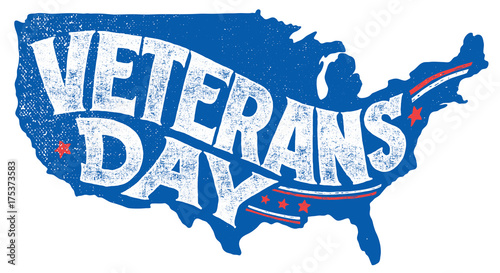 Veterans day holiday. Hand-lettering greeting card on textured silhouette of US map. Vintage typography illustration