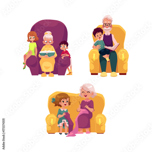 vector flat grandparents ,children set. boys, girls kids sitting with grandmother, grandfather at armchairs listening to reading book, learning to knit . Isolated illustration on a white background.