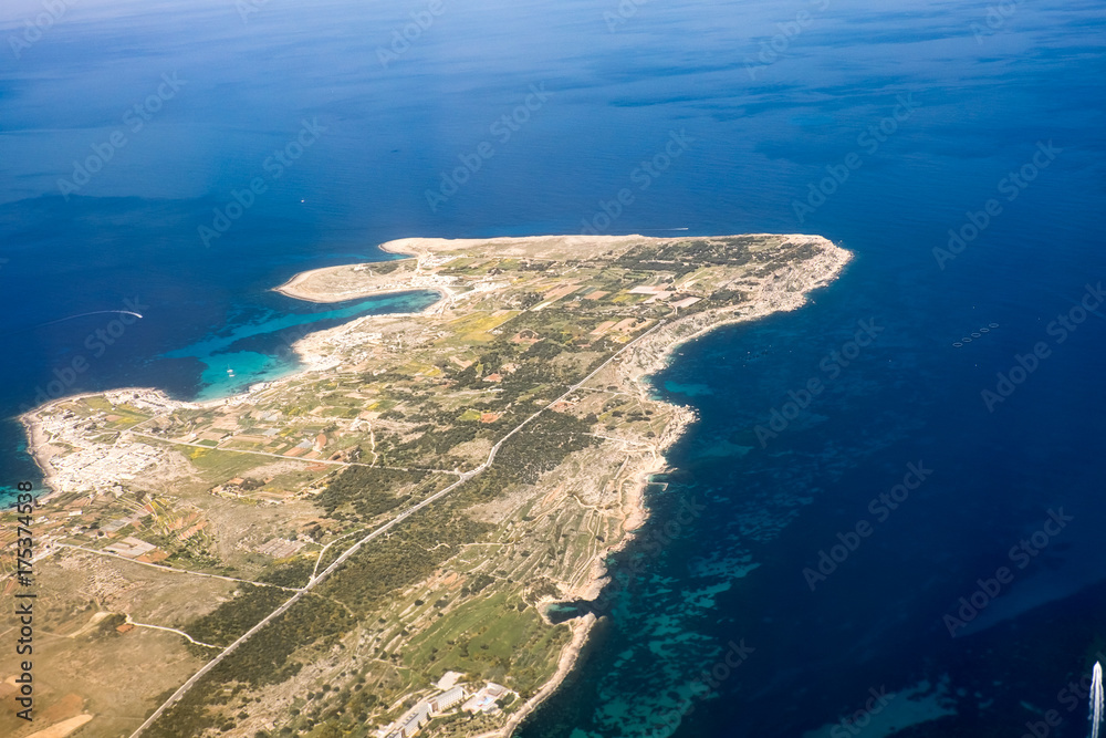 Aerial view of Comino with Blue lagoon . Gozo Malta