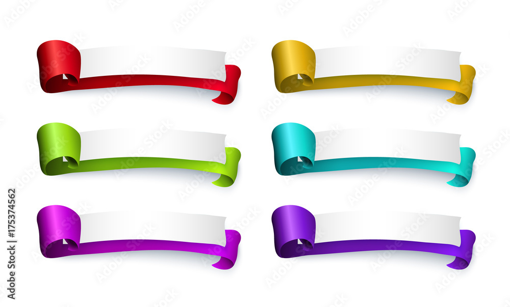 vector cartoon style silk elegant colored ribbons with papers and free space for your text. Ready to use banner , poster template design set. Isolated illustration on a white background.