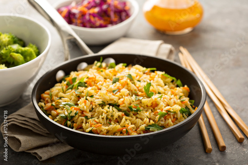 Fried rice with vegetables and steamed broccoli