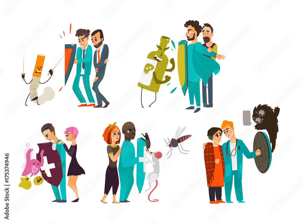 Set of doctors who fight illnesses, diseases, hold a shield to protect patients, flat cartoon vector illustration isolated on white background. Doctor fight, physical and psychiatric protection