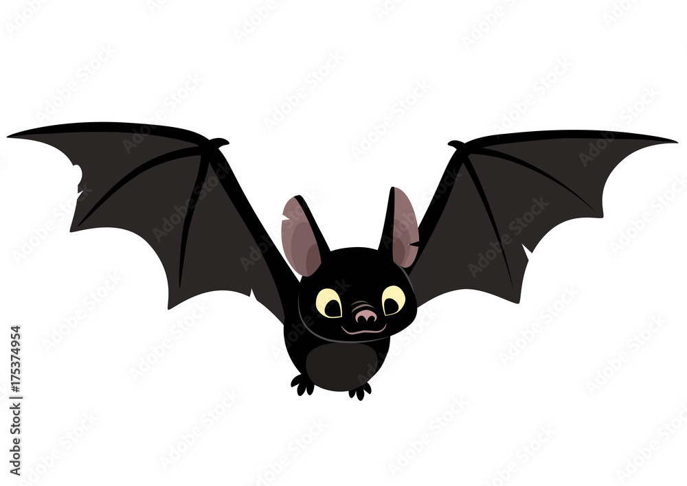 Vector cartoon illustration of cute friendly black bat character, flying with wings spread, in flat contemporary style isolated on white.