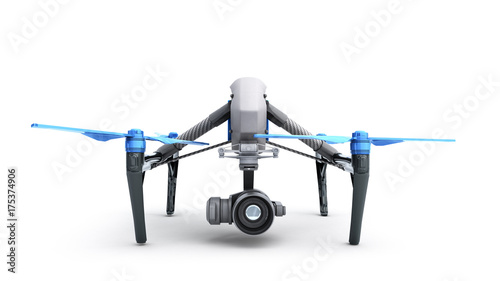White drone quadrocopter with photo camera flying in the blue sky Concept of aero film 3d render on white