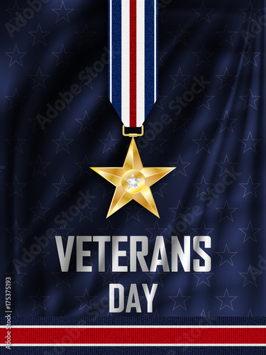 Veteran's Day. Congratulations on the veteran's day in the United states of America. Golden star on the ribbon. Wavy fabric with stars.  Vector illustration.