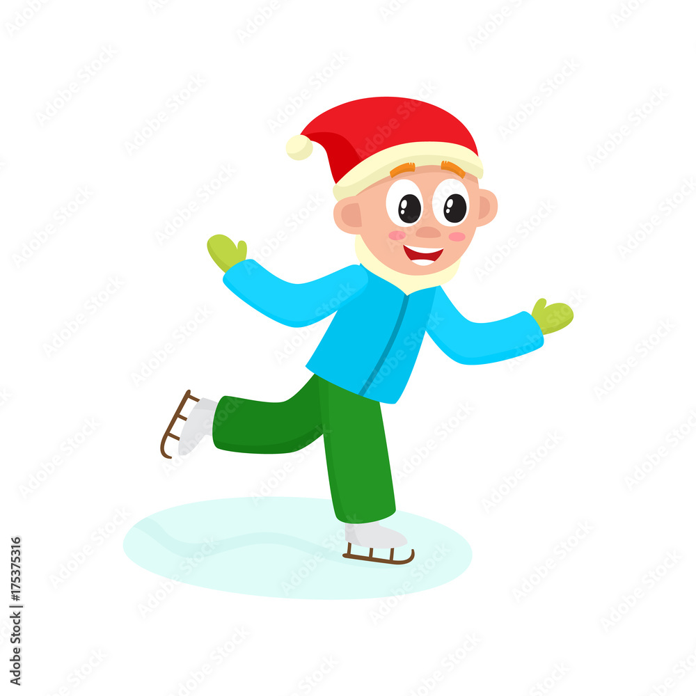 vector boy having fun racing ice skates outdoors. Flat cartoon isolated illustration on a white background. Kid plays smiling. Winter children activity concept vector boy having fun racing ice skates outdoors. Flat cartoon isolated illustration on a white background. Kid plays smiling. Winter children activity concept