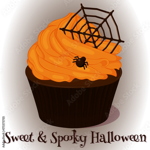 Sweet and Spooky Cupcake with hocolate web and spider for Halloween in cartoon style. Vector illustration. Holiday Collection. photo