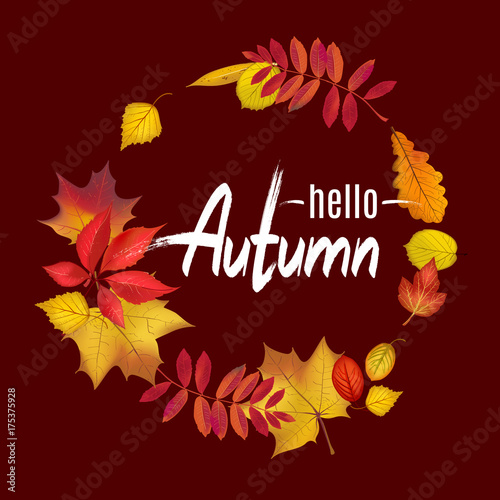 Fall leaves wreath on dark brown background for your autumn design. Hello Autumn lettering template. Vector illustration