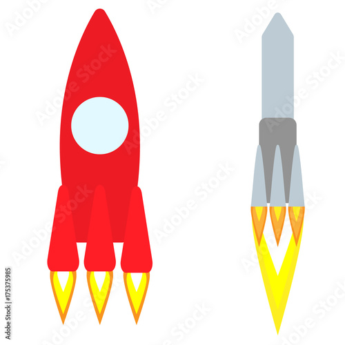 Two vector rockets on white background. Isolated flying spaceships.