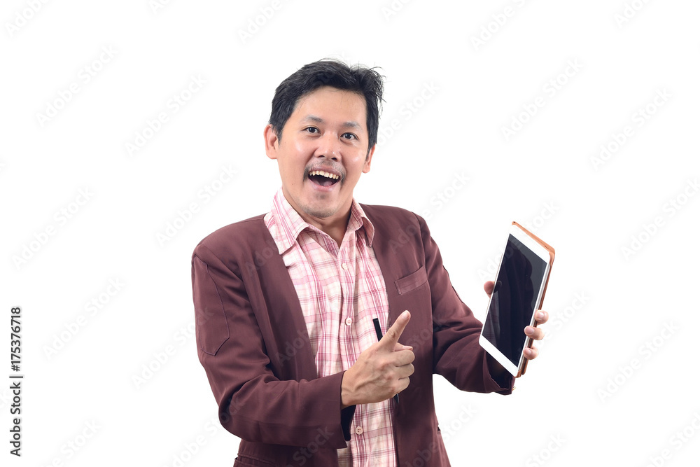 Crazy businessman holding tablet in suggest emotion isolate on white background Crazy businessman holding tablet in suggest emotion isolate on white background