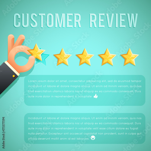 Star rating review customer experience hand text template background cartoon design business concept vector illustration