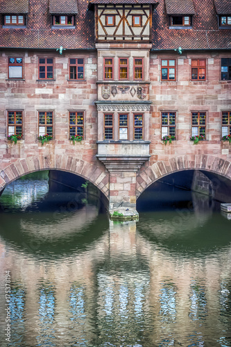 Old town architecture and Pegnitz river in Nuremberg, Bavaria, Germany