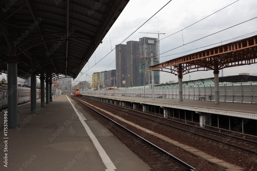 A view of high-rise buildings from a railway platform. Savelovsky Railway Station. Moscow.