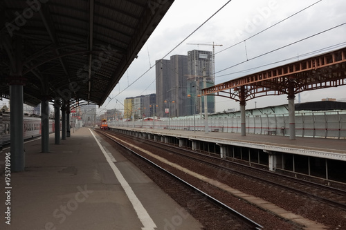 A view of high-rise buildings from a railway platform. Savelovsky Railway Station. Moscow.