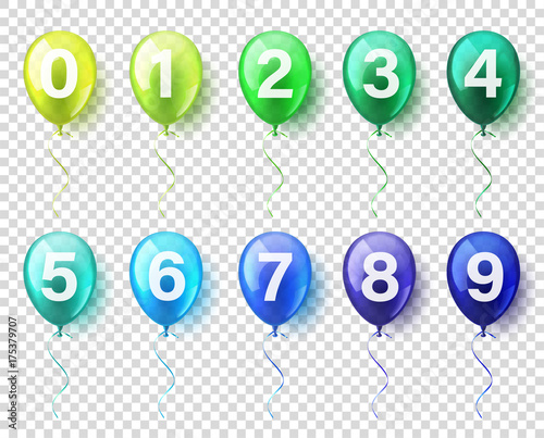 Isolated Realistic Colorful Glossy Flying Air Balloons set with numbers. Birthday party. Ribbon.Celebration. Wedding or Anniversary.
