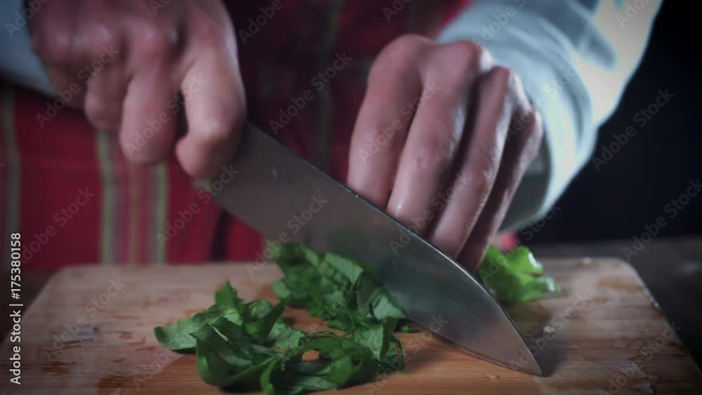 4K Traditional Chef Cutting Fresh Basil 4K Traditional Chef Cutting Fresh Basil