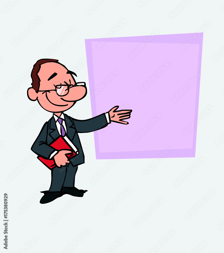 White businessman with glasses points, relaxed, with a book in his hand. Is showing, as in a presentation, the data you want. White businessman with glasses points, relaxed, with a book in his hand. Is showing, as in a presentation, the data you want.