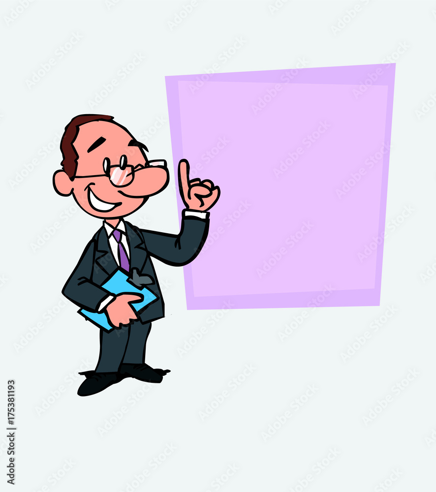 happy White businessman with glasses is showing, as in a presentation, the data you want. He has a folder in his hand.