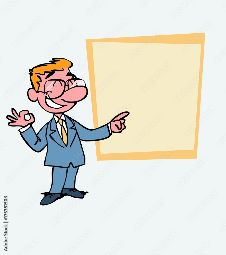 Happy White businessman with glasses makes the gesture of ok. Is showing, as in a presentation, the data you want. Happy White businessman with glasses makes the gesture of ok. Is showing, as in a presentation, the data you want.