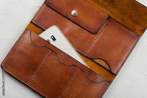 Handmade brown leather wallet open