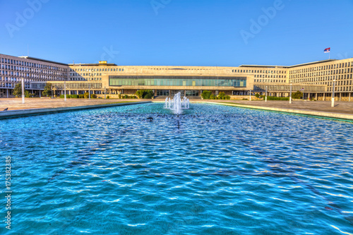Formerly the Palace of the Federation, now called the Palace of Serbia, was built in 1959 in New Belgrade and a large fountain in front of the palace, HDR image.