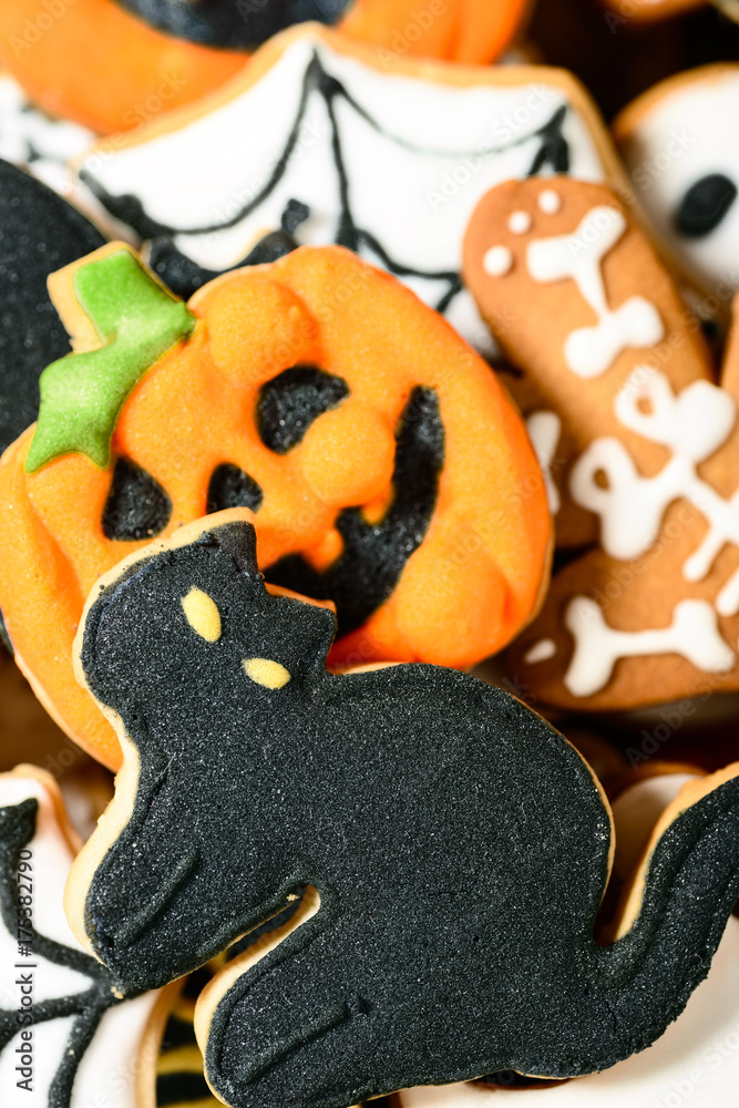 close up of homemade traditional Halloween icing sugar cookies