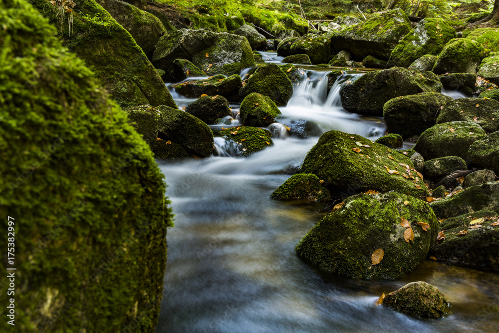 Waterfall falling on stones through autumn forest. Fall nature specification. Stones along and in the river in forest. Waterfall falling on stones through autumn forest. Fall nature specification. Stones along and in the river in forest.