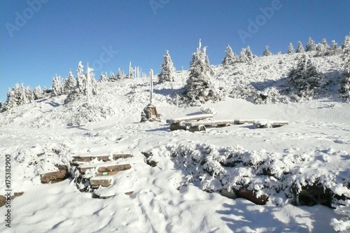 Beautiful winter countryside in Czech Republic with blue sky, Vresova studanka, Jeseniky photo