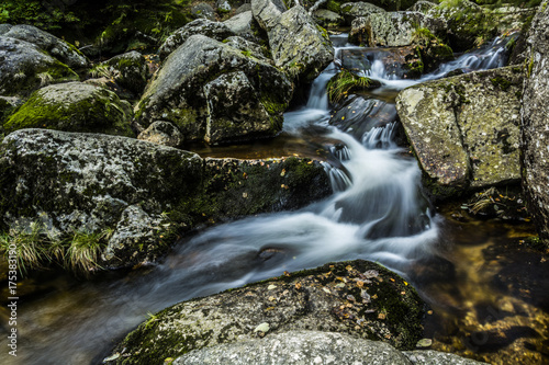 Waterfall falling on stones through autumn forest. Fall nature specification.