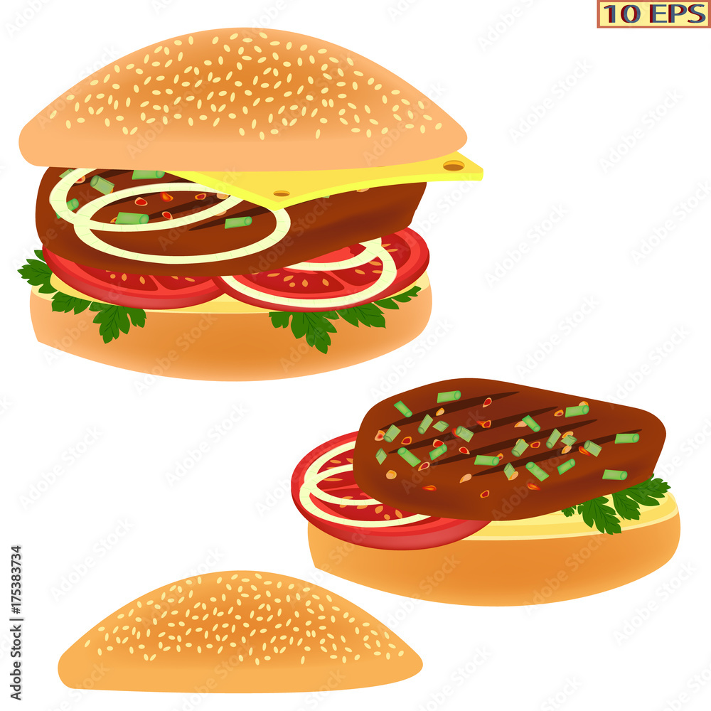 Cheeseburger isolated. Sandwich. Fried meat cutlet in a bun. Burger with butter, greens, cheese, tomatoes and beef steak. Fast food. Vector illustration for a recipe, restaurant menu, kitchen interior