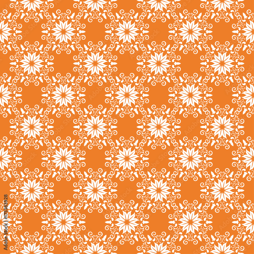 White floral seamless pattern on orange background White floral seamless pattern on orange background