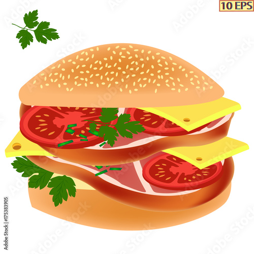 Sandwich.  Hamburger with smoked ham . Cheeseburger with smoked pork. Bun with butter, cheese, tomatoes, parsley and delicacy meat. Vector illustration.