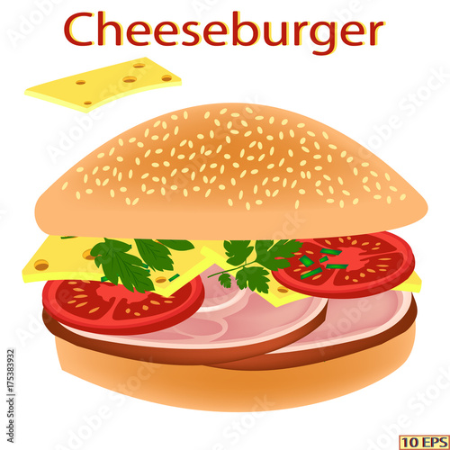 Sandwich.  Hamburger with smoked ham . Cheeseburger with smoked pork. Bun with butter, cheese, tomatoes, parsley and delicacy meat. Vector illustration.