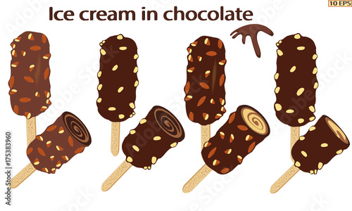 Classic Ice cream on a stick. Vector ice cream. Sundae. Chocolate ice cream. Sundae drizzled with chocolate. Dessert. The ice cream in chocolate with nuts. Sundae caramel. Vector illustration.